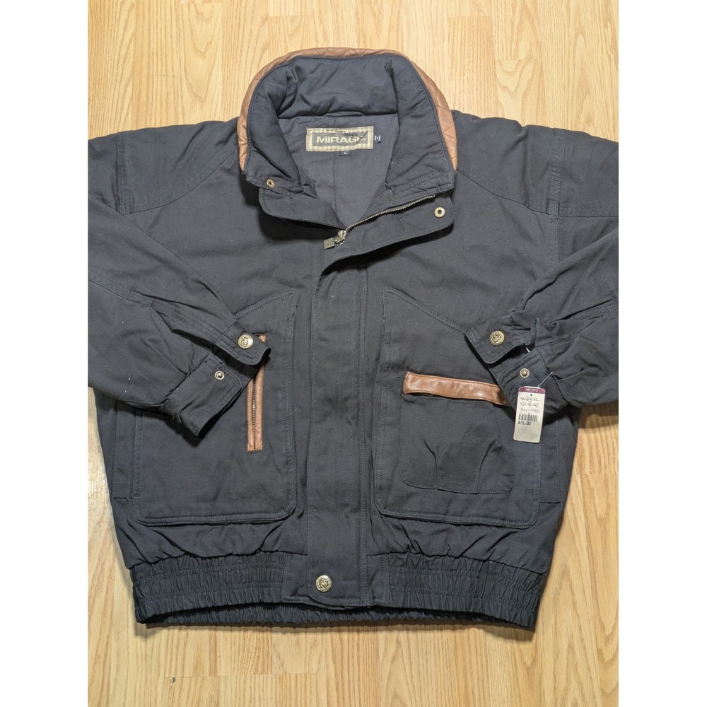 Mirage Mens Vintage Y2K Canvas Bomber Jacket Leather Trim Black Large